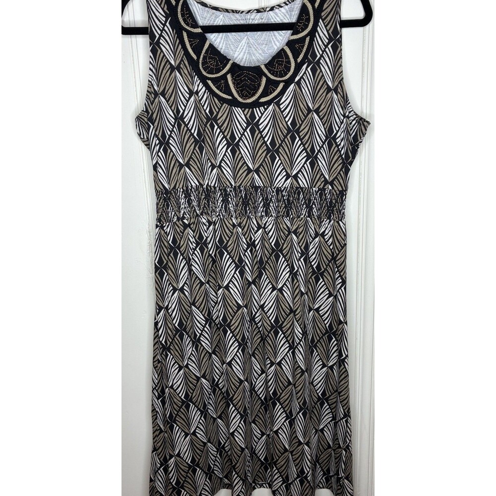 Sleeveless Dress Sz L Beaded Round Neckline Earthy Nature Smocked‎ ElasticWaist